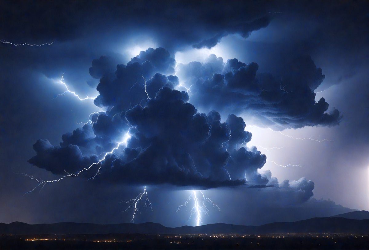The primary subject of the image is a lightning bolt, which is captured in a dramatic and artistic manner. The lightning bolt is the focal point of the scene, and it is set against a dark, cloudy sky. The setting appears to be a cityscape, with buildings and lights visible in the background. The visual style of the image is a combination of photo and digital art, creating a striking and dynamic representation of the lightning bolt. The colors and mood of the image are intense and dramatic, with the lightning bolt serving as a powerful symbol of energy and force.