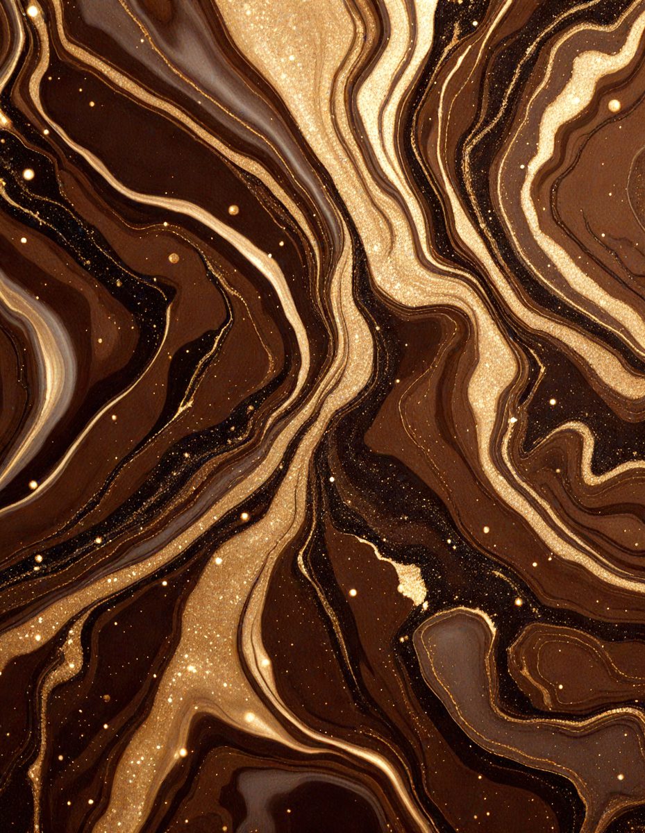 The primary subject of the image is a close-up of a marbled surface, possibly a piece of wood or a stone. The setting is a dark room, and the visual style appears to be a photo. The colors and mood of the image are predominantly dark, with a few gold accents, giving it a rich and luxurious appearance.