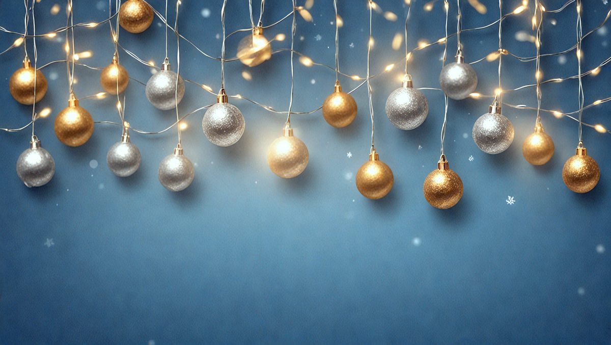The primary subject of the image is a string of Christmas lights, which are hanging from the ceiling. The lights are shining brightly, creating a festive atmosphere. The setting is a blue background, which contrasts with the lights, making them stand out even more. The visual style of the image is a combination of photo and digital art, as it captures the essence of a real string of lights while also showcasing the artistic elements of digital design. The colors and mood of the image are predominantly blue and festive, as the lights are illuminating the space and creating a joyful ambiance.