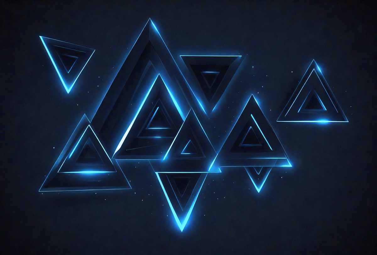 The primary subject of the image is a blue geometric pattern, which is displayed on a dark background. The pattern consists of multiple triangles arranged in a visually appealing manner. The setting is a black background, which contrasts with the blue geometric pattern, creating a striking visual effect. The visual style of the image is digital art, as it is a computer-generated design. The dominant colors in the image are blue and black, giving it a modern and sophisticated appearance.
