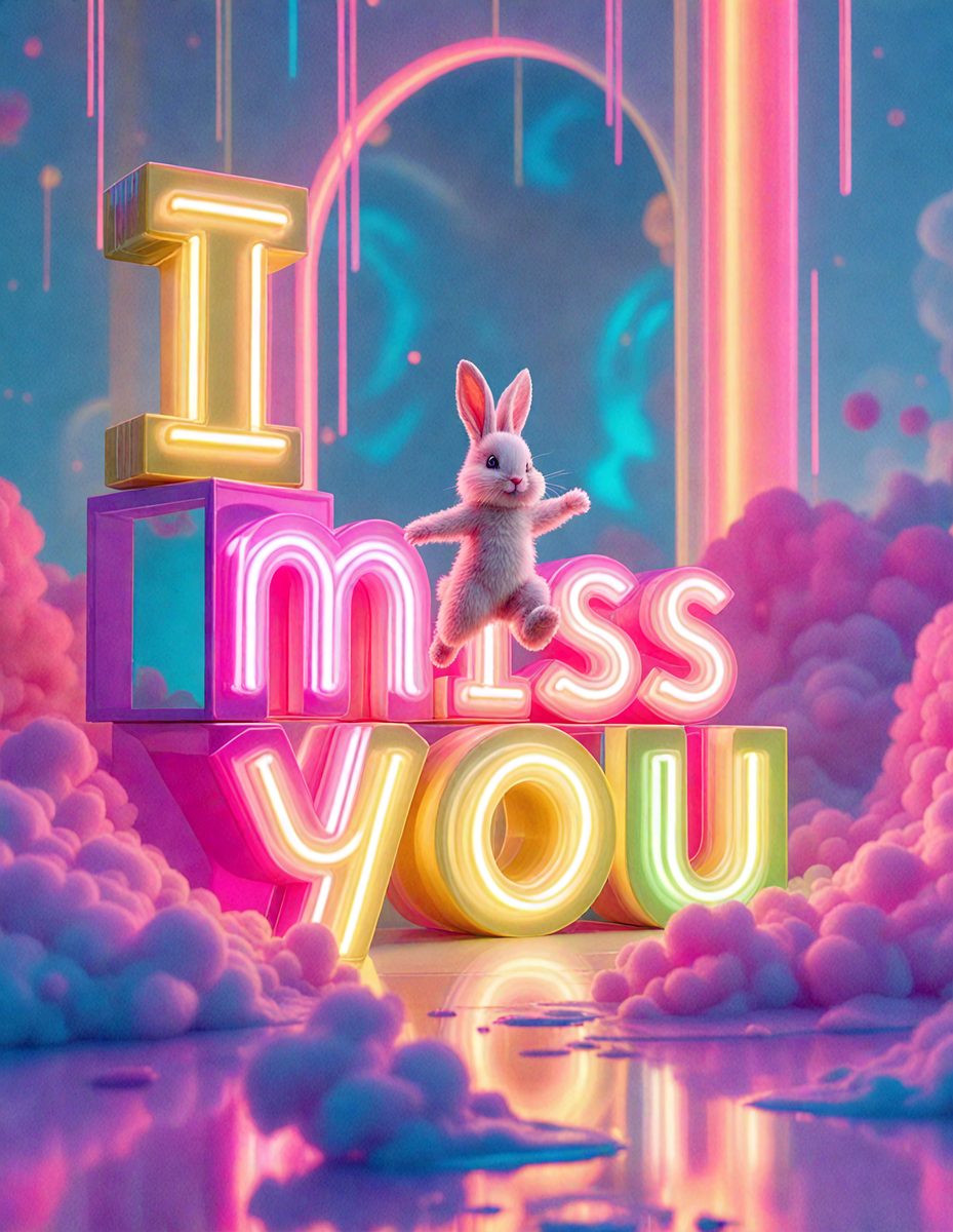 The primary subject of the image is a bunny rabbit, which is the main focus of the scene. The setting is a pink and purple background, giving the image a vibrant and playful atmosphere. The visual style is a combination of digital art and illustration, creating a unique and eye-catching design. The colors and mood of the image are predominantly pink and purple, with a touch of neon green, giving it a cheerful and whimsical appearance.
