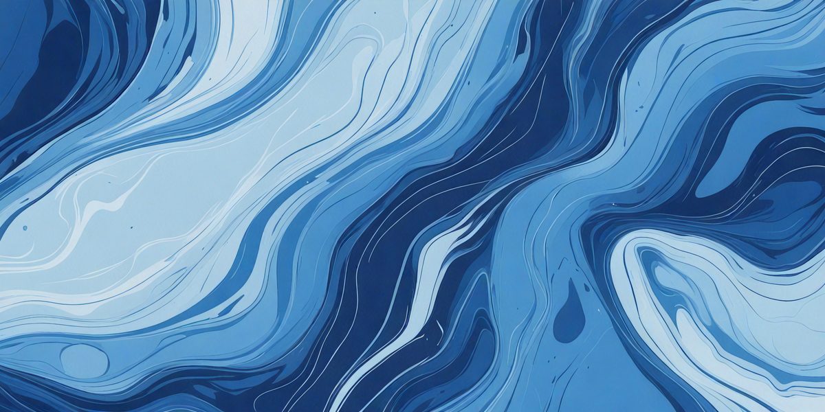 The primary subject of the image is a blue and white ocean wave. The setting is the ocean, with the wave being the main focus of the image. The visual style is a digital art or illustration, as the wave is depicted in a detailed and artistic manner. The dominant colors are blue and white, creating a serene and calming atmosphere.