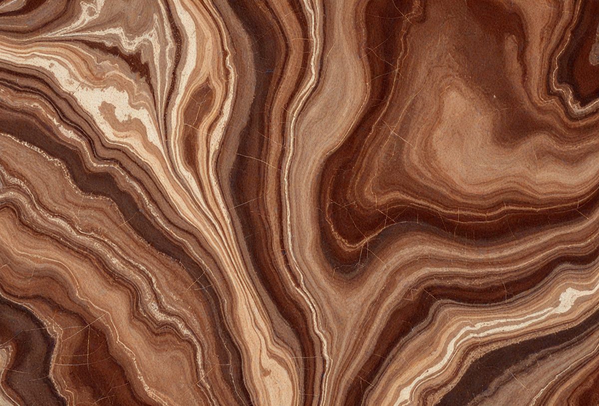 The primary subject of the image is a close-up of a marble stone with a unique and intricate pattern. The setting is a natural environment, with the stone being the main focus of the scene. The visual style is a close-up of the marble, showcasing its texture and details. The colors in the image are predominantly brown, giving the scene a warm and earthy atmosphere.