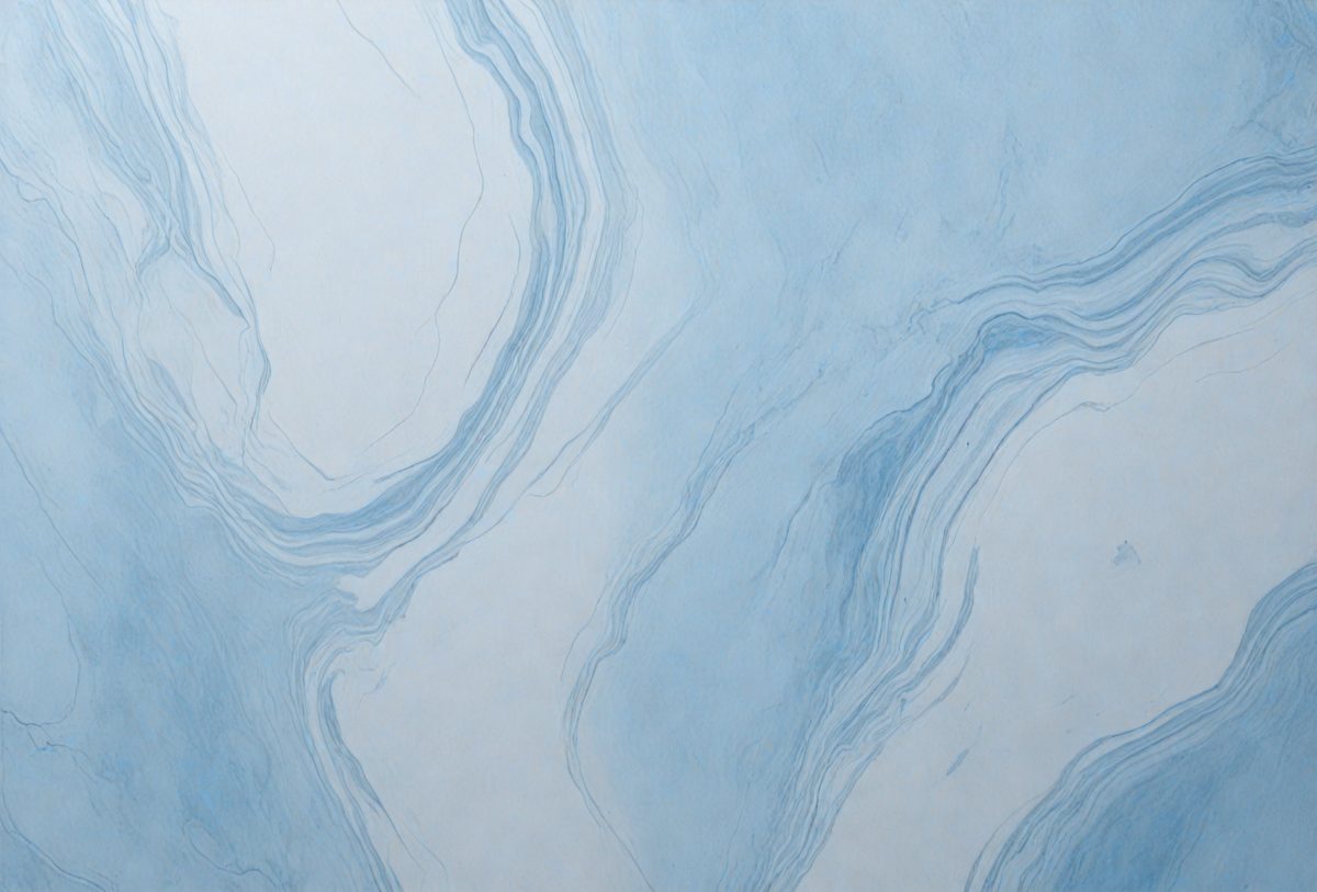 The primary subject of the image is a blue and white swirling pattern, which appears to be a painting or drawing. The setting is a white wall, and the visual style is artistic. The dominant colors are blue and white, creating a calming and serene atmosphere.