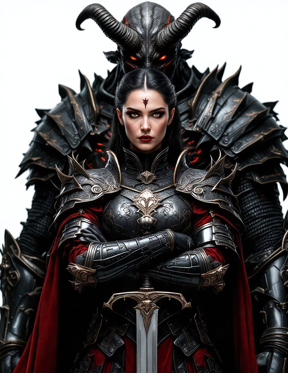 The primary subject of the image is a woman dressed in medieval armor, standing in front of a demonic figure. The setting appears to be a fantasy or mythical world, as the woman is wearing a costume and the demonic figure is a part of the scene. The visual style of the image is a combination of photo and digital art, creating a unique and intriguing atmosphere. The colors in the image are predominantly dark, with the woman's armor and the demonic figure being the main focus, creating a sense of mystery and danger.