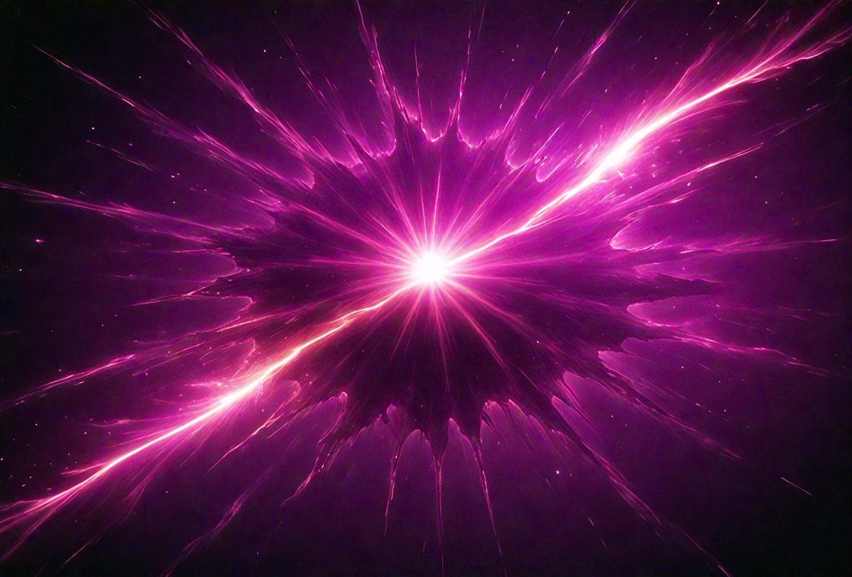 The primary subject of the image is a bright, purple, and pink light source, which appears to be a star or a light bulb. The setting is a dark, purple background, which contrasts with the bright light source. The visual style of the image is a combination of digital art and illustration, creating a unique and eye-catching effect. The colors and mood of the image are vibrant and energetic, with the purple and pink hues evoking a sense of mystery and wonder.