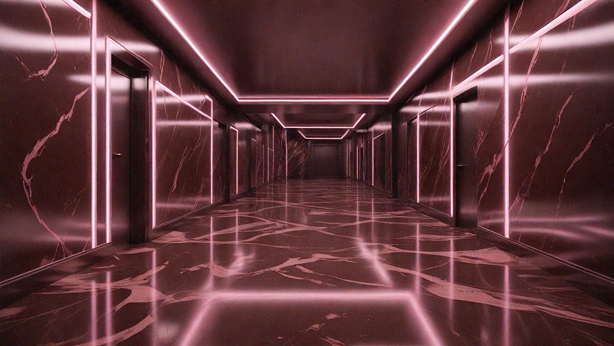 The image features a long, narrow hallway with a marble floor. The hallway is illuminated by pink neon lights, creating a unique and visually striking atmosphere. The primary subject of the image is the hallway itself, which serves as the main focus of the scene. The setting is a modern, urban environment, with the marble flooring and pink neon lights contributing to the overall aesthetic. The visual style of the image is a combination of photo and digital art, with the pink neon lights adding a touch of digital manipulation to the scene. The colors and mood of the image are predominantly pink and warm, creating a sense of luxury and sophistication.