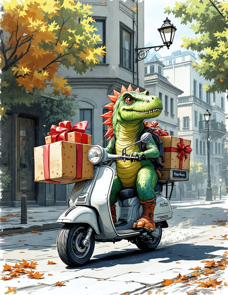 Primary subject: A cartoon dinosaur riding a motor scooter with a sidecar.

Setting/background: The dinosaur is riding down a street with buildings in the background.

Visual style: The image is a digital art or illustration.

Colors and mood: The colors are predominantly green and red, giving the image a lively and playful atmosphere.