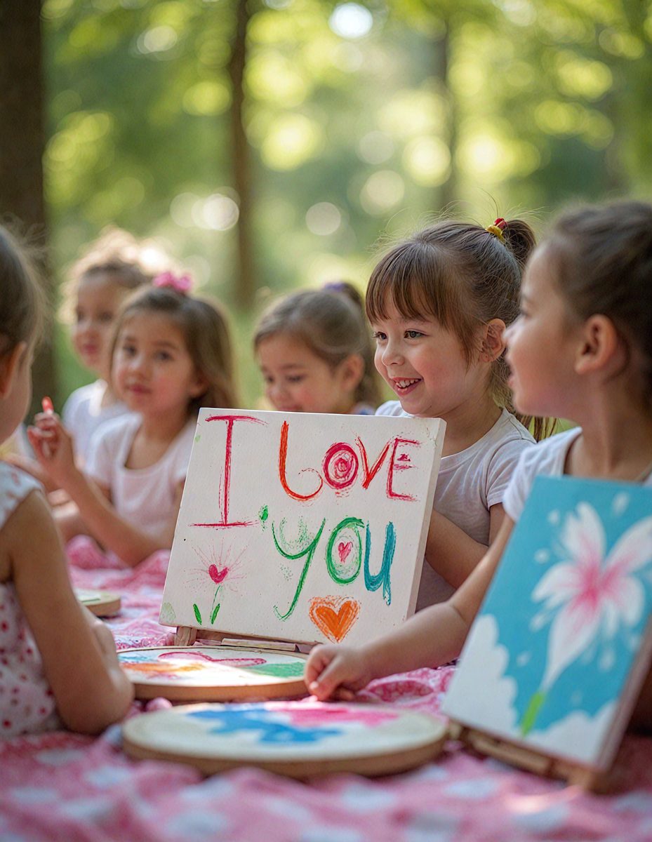 The primary subject of the image is a young girl holding a sign that reads "I love you." The setting is an outdoor picnic area, with a dining table visible in the background. The visual style appears to be a combination of a photo and a drawing, as the girl is depicted with a mix of realistic and artistic elements. The colors and mood of the image are warm and cheerful, with the girl's smile and the sign's message conveying a sense of love and happiness.