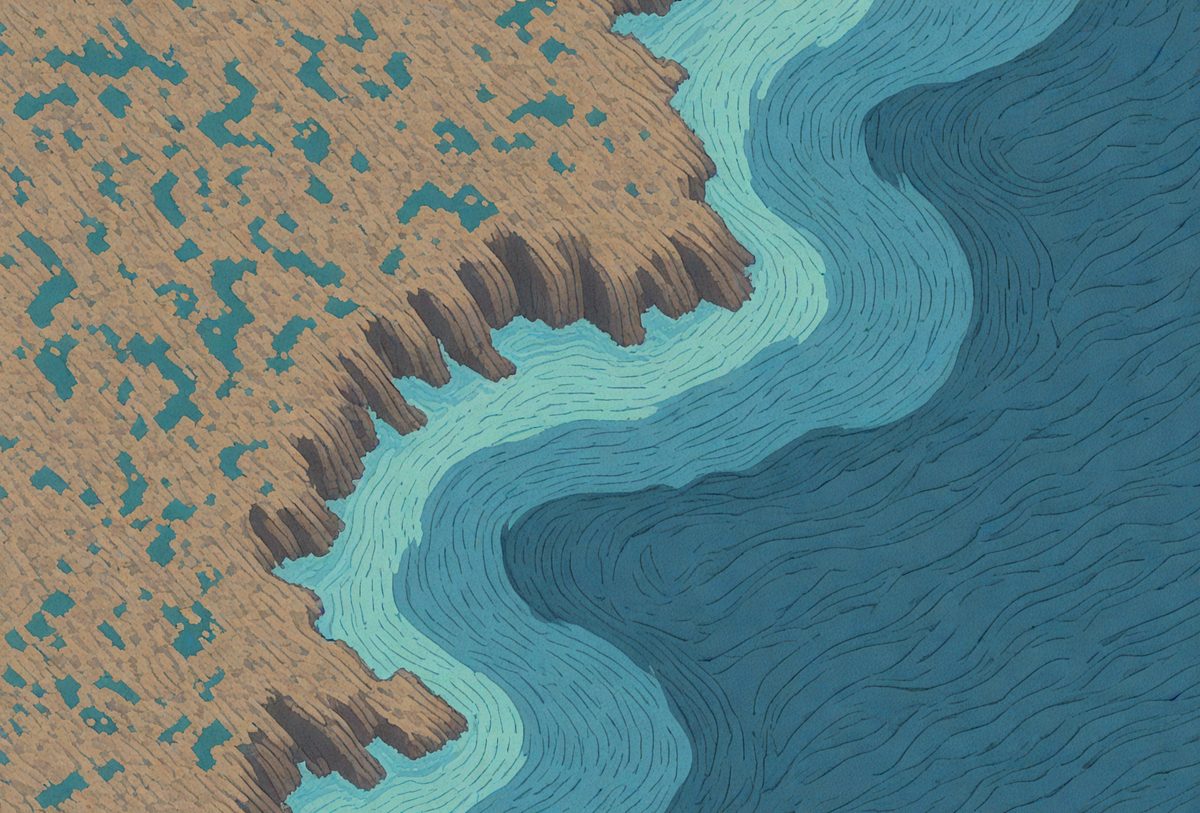 The primary subject of the image is a water-covered landscape with a rocky shoreline. The setting is a body of water, possibly an ocean, with a rocky cliff and a waterfall. The visual style is a combination of digital art and illustration, creating a detailed and intricate representation of the scene. The colors and mood of the image are predominantly blue, with a sense of depth and tranquility.