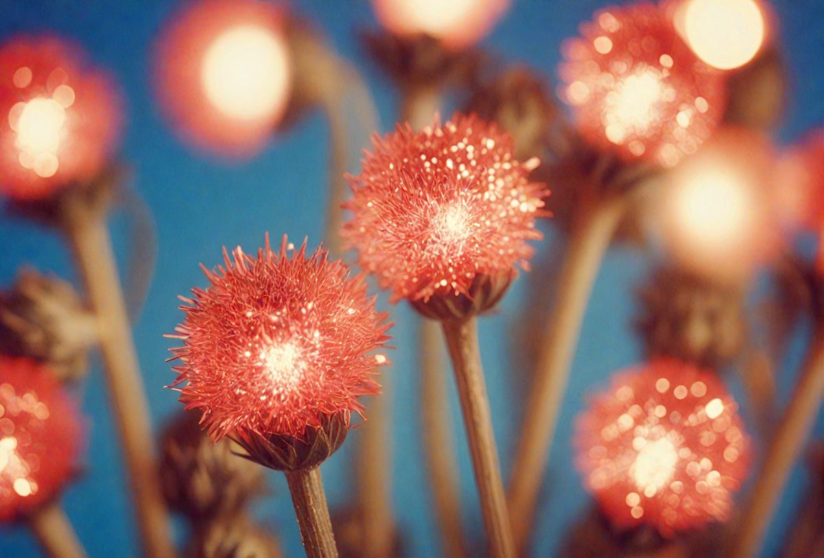 The primary subject of the image is a group of red flowers with bright lights shining through them. The flowers are placed on a blue background, creating a visually striking scene. The visual style of the image is a combination of photo and digital art, as the flowers appear to be lit up with a glowing effect. The colors and mood of the image are predominantly red and vibrant, giving the impression of a warm and lively atmosphere.