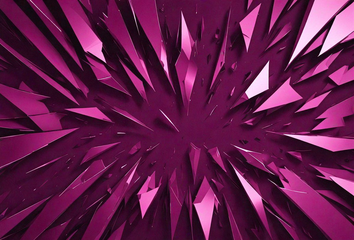 The primary subject of the image is a large, purple, three-dimensional structure that resembles a crystal or a piece of art. The setting is a dark background, which contrasts with the vibrant purple color of the structure. The visual style appears to be a combination of digital art and illustration, creating a unique and intriguing design. The colors and mood of the image are predominantly purple, giving it a sense of depth and sophistication.