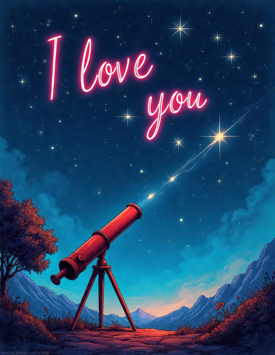 Primary subject: A telescope with a pink message "I love you" written on it.

Setting/background: The telescope is set against a backdrop of a night sky with stars.

Visual style: The image is a digital art or illustration.

Colors and mood: The image has a warm and romantic atmosphere, with the pink message and the night sky with stars creating a sense of love and wonder.