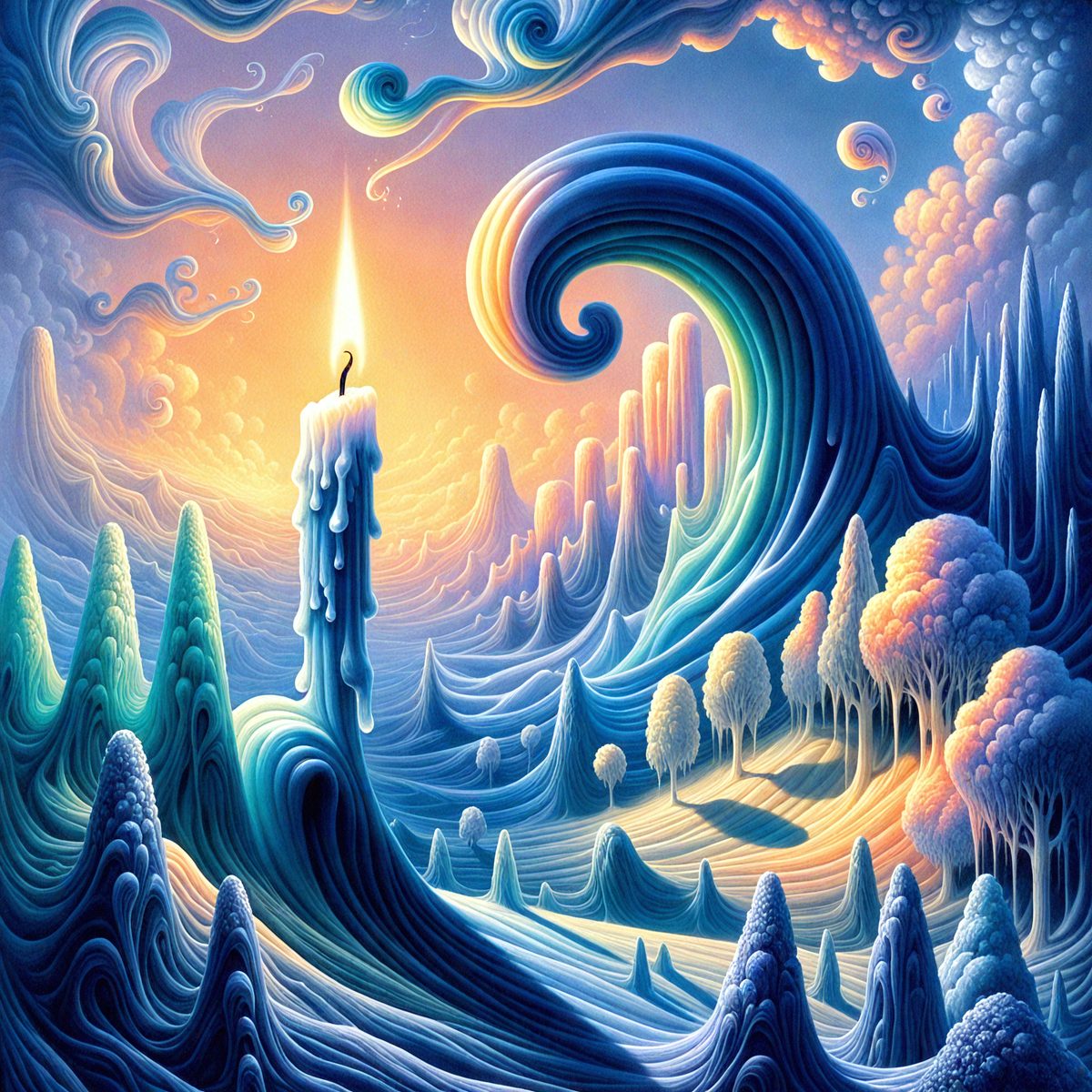 The primary subject of the image is a tall, lit candle standing in a snowy landscape. The setting is a mountainous area with a blue and white sky, and the visual style is a digital art or illustration. The dominant colors are blue, white, and a mix of cooler tones, creating a serene and peaceful atmosphere.