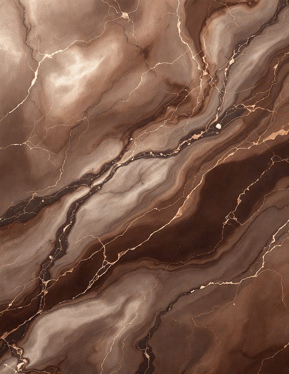 The primary subject of the image is a marble countertop with a brown and gold color scheme. The setting is a kitchen, and the visual style is a close-up of the countertop. The colors and mood of the image are warm and inviting, with the marble countertop adding a touch of luxury and elegance to the space.