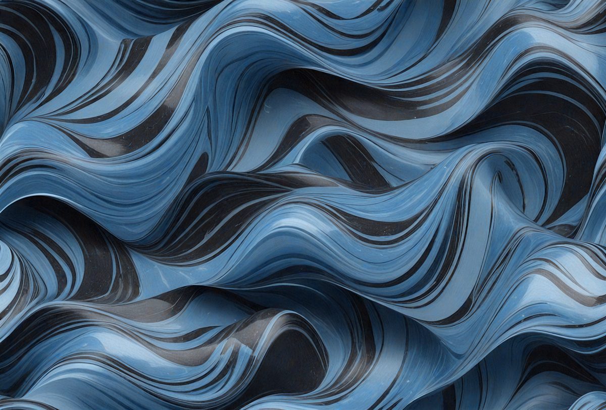 The primary subject of the image is a blue and black patterned wallpaper. The setting is a wall, and the visual style is a digital art or illustration. The dominant colors are blue and black, creating a bold and striking appearance.