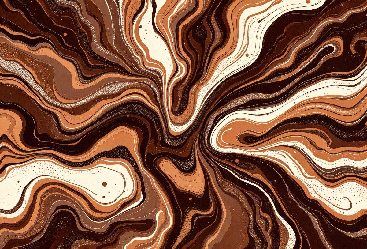 The primary subject of the image is a close-up of a brown and white swirling pattern, which appears to be a painting or a digital artwork. The setting is a brown and white background, and the visual style is a combination of photo and digital art. The colors and mood of the image are predominantly brown and white, creating a sense of depth and intricacy in the swirling pattern.