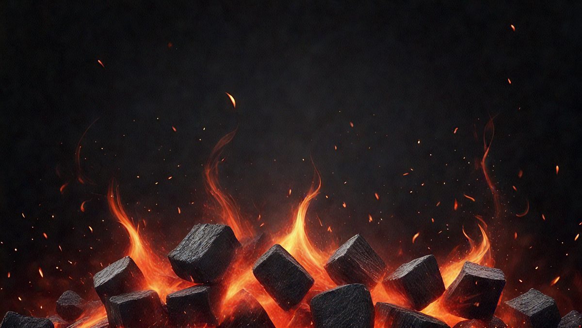 The primary subject of the image is a fire, with flames and smoke visible. The setting is a dark background, possibly a night sky. The visual style is a digital art or illustration, creating a dramatic and intense atmosphere. The colors are predominantly red and orange, which are associated with fire and heat.