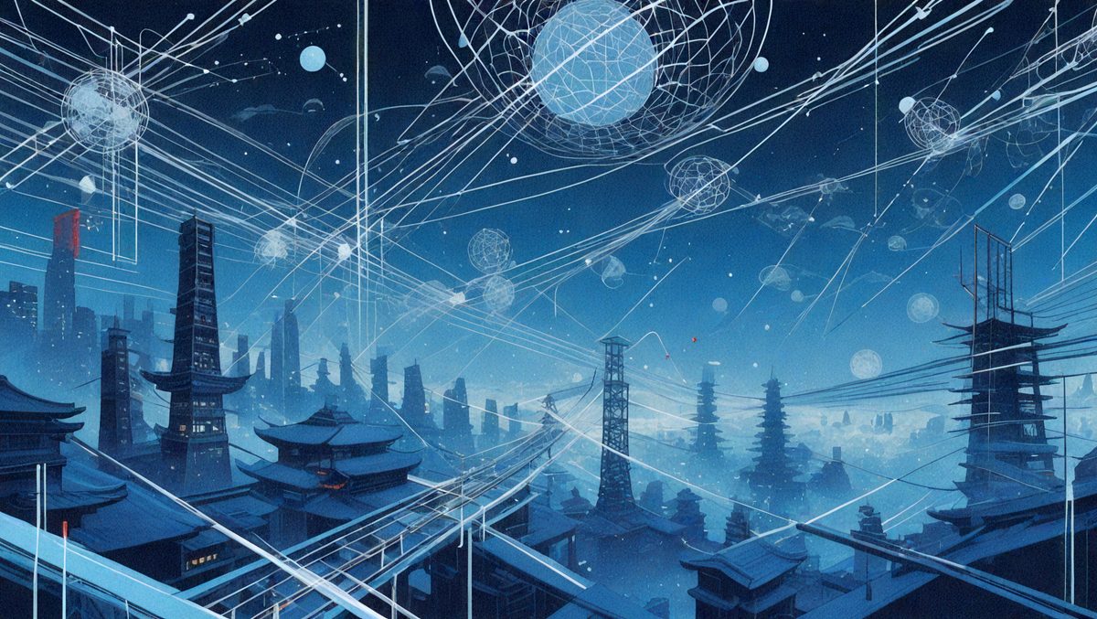 The primary subject of the image is a futuristic cityscape with a large number of buildings, including a prominent tower. The setting is a nighttime cityscape with a blue sky, and the visual style is a combination of digital art and illustration. The colors and mood of the image are predominantly blue and dark, creating a sense of mystery and intrigue.