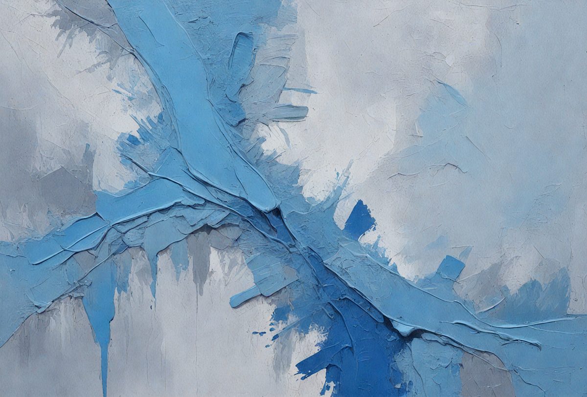 The primary subject of the image is a painting of a blue river with a white sky in the background. The setting is a canvas, and the visual style is a painting. The dominant colors are blue and white, creating a serene and calming atmosphere.