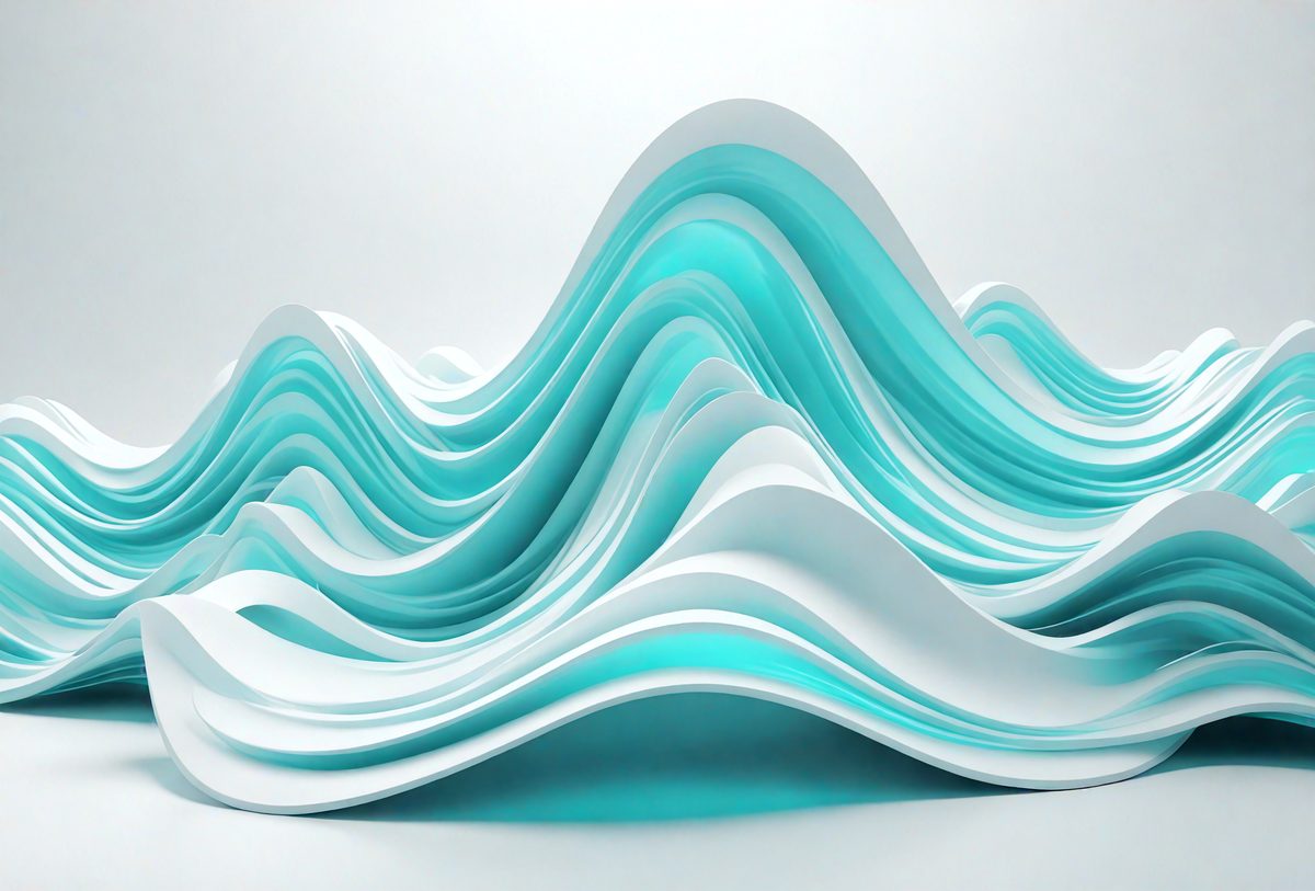 The primary subject of the image is a large, three-dimensional sculpture of a wave made of paper. The sculpture is blue and white in color, and it appears to be a digital art piece. The setting is a white background, which provides a clean and minimalist look to the artwork. The visual style is a combination of digital art and paper craft, creating a unique and eye-catching piece of art. The overall atmosphere of the image is one of creativity and innovation, showcasing the artist's ability to bring a three-dimensional object to life through paper and digital means.