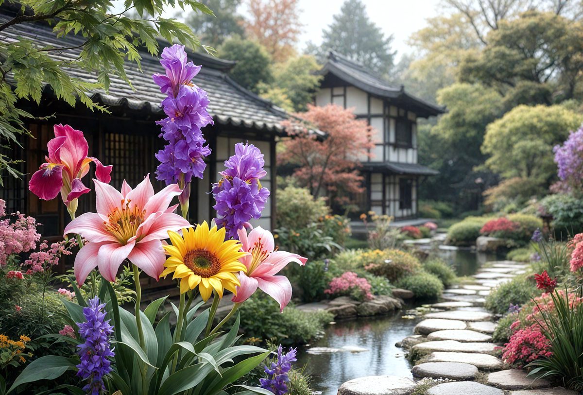 Primary subject: Flowers
Setting/background: A garden with a pond and a house in the background
Visual style: Photo
Colors and mood: The flowers are purple and yellow, creating a vibrant and cheerful atmosphere.
