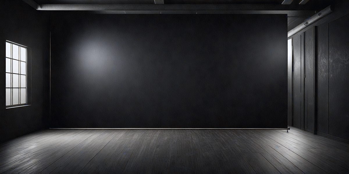 The primary subject of the image is a black wall with a light shining on it. The setting is a room with a wooden floor. The visual style is a black and white photo. The dominant colors are black and white, creating a moody atmosphere.