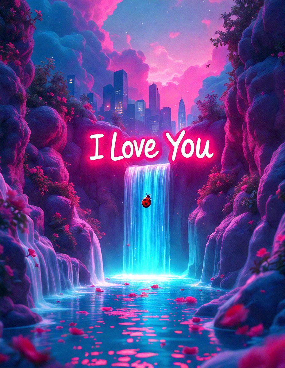 The primary subject of the image is a heart-shaped sign with the words "I Love You" written on it. The setting is a pink and purple waterfall, creating a romantic and whimsical atmosphere. The visual style is a digital art, with the heart sign and the waterfall being digitally created elements. The colors and mood of the image are predominantly pink and purple, evoking feelings of love and affection.