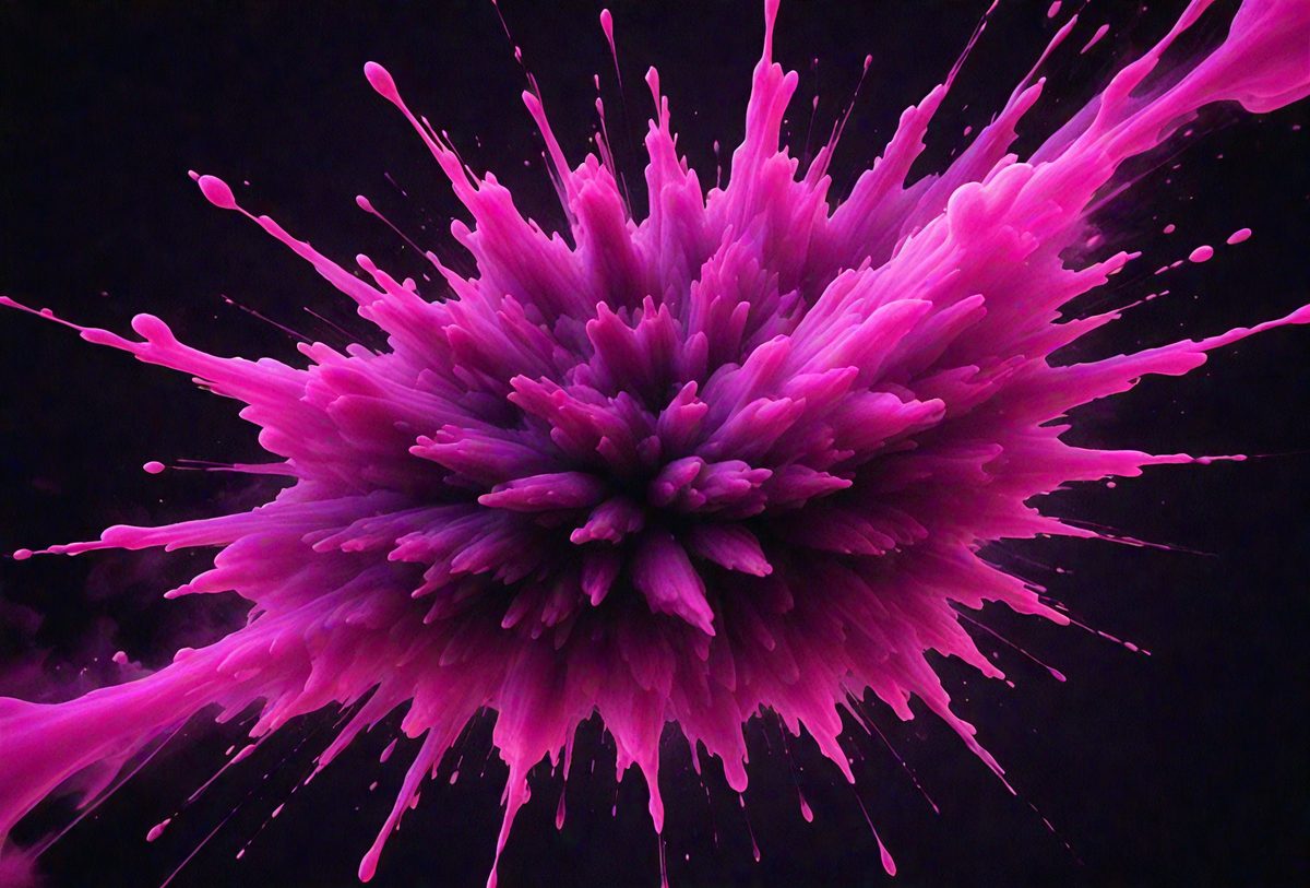 The primary subject of the image is a large, pink, purple, and white splash of paint, which appears to be a digital art or illustration. The setting is a dark background, which contrasts with the vibrant colors of the splash. The visual style is artistic and creative, with the paint splash resembling a flower or a cloud. The colors and mood of the image are lively and energetic, with the pink and purple hues evoking a sense of warmth and positivity.