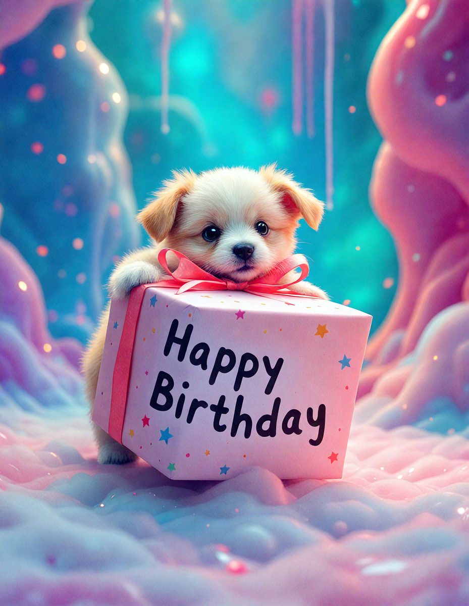 The primary subject of the image is a small, cute puppy sitting inside a pink birthday box. The setting is a colorful, pink background that adds a festive and cheerful atmosphere to the scene. The visual style appears to be a combination of a photo and digital art, as the puppy and the box are both realistically portrayed while the background is vibrant and eye-catching. The colors and mood of the image are predominantly pink, which is associated with celebrations and joy.