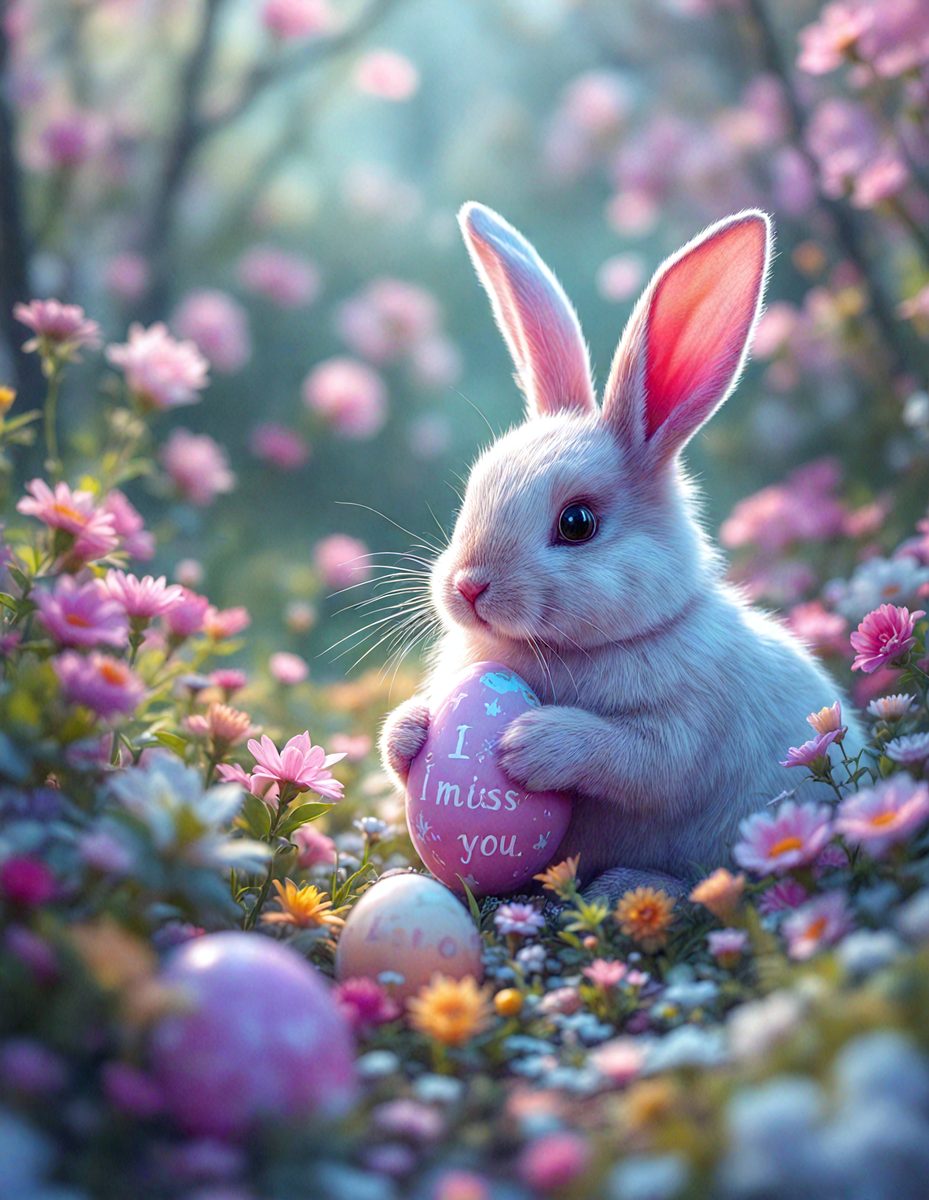The primary subject of the image is a white rabbit holding an Easter egg. The setting is a field of flowers, creating a beautiful and colorful backdrop. The visual style is a combination of photo and digital art, giving the image a unique and artistic appearance. The dominant colors are pink and white, creating a warm and cheerful atmosphere.