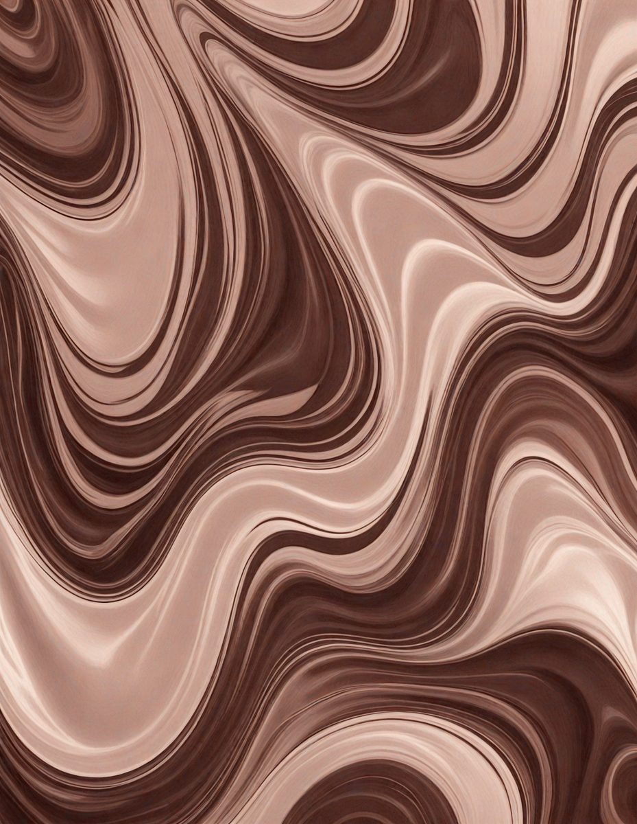 The primary subject of the image is a close-up of a chocolate-colored pattern, which appears to be a swirling, wavy design. The setting is a brown surface, possibly a wall or a table, with the pattern as the main focus. The visual style of the image is a close-up, which emphasizes the intricate details of the chocolate pattern. The colors and mood of the image are predominantly brown, creating a warm and rich atmosphere.