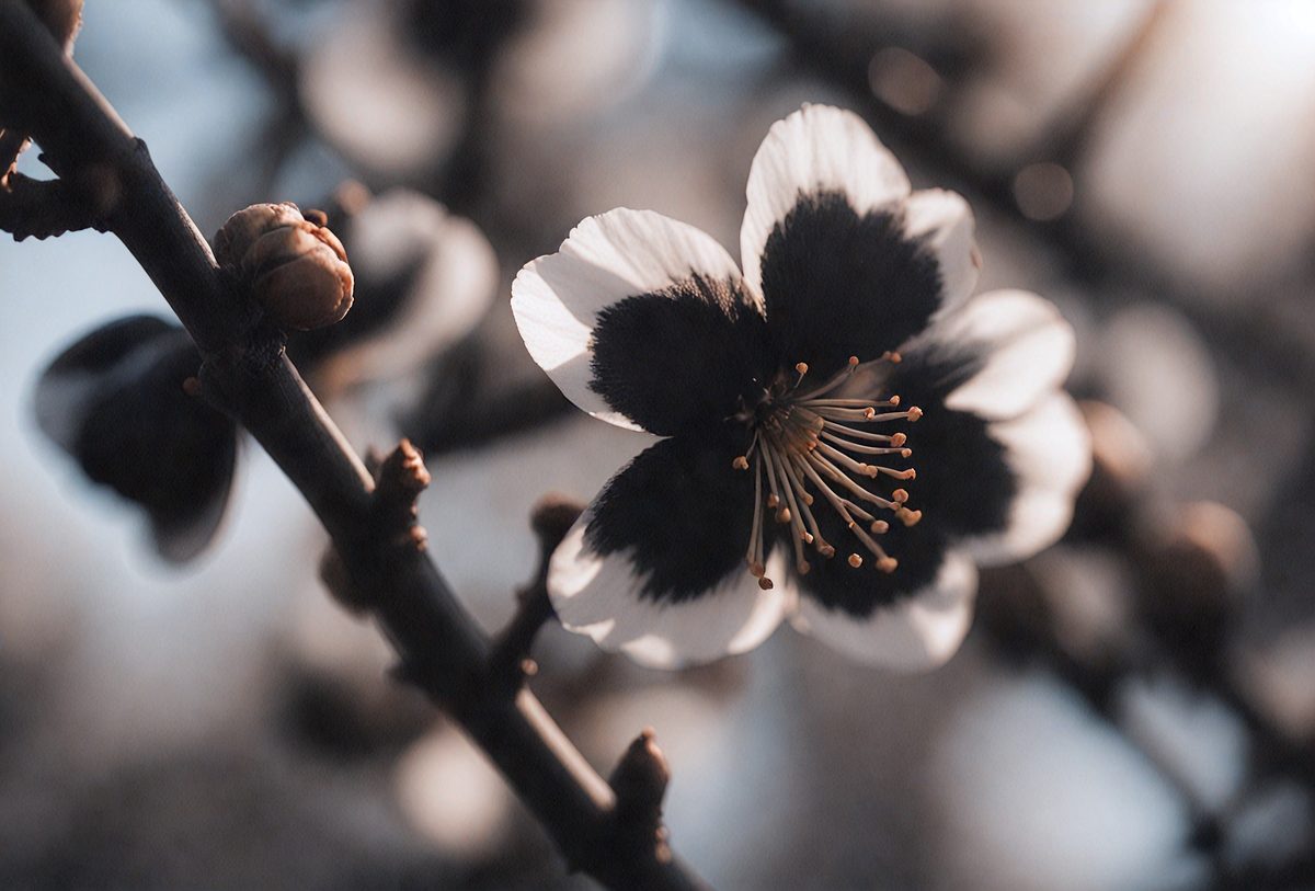 The primary subject of the image is a close-up of a flower, possibly a cherry blossom, with a black center. The setting is a tree branch, and the visual style appears to be a photo. The dominant colors are white and black, with the white petals of the flower contrasting against the black center. The overall atmosphere of the image is serene and beautiful.
