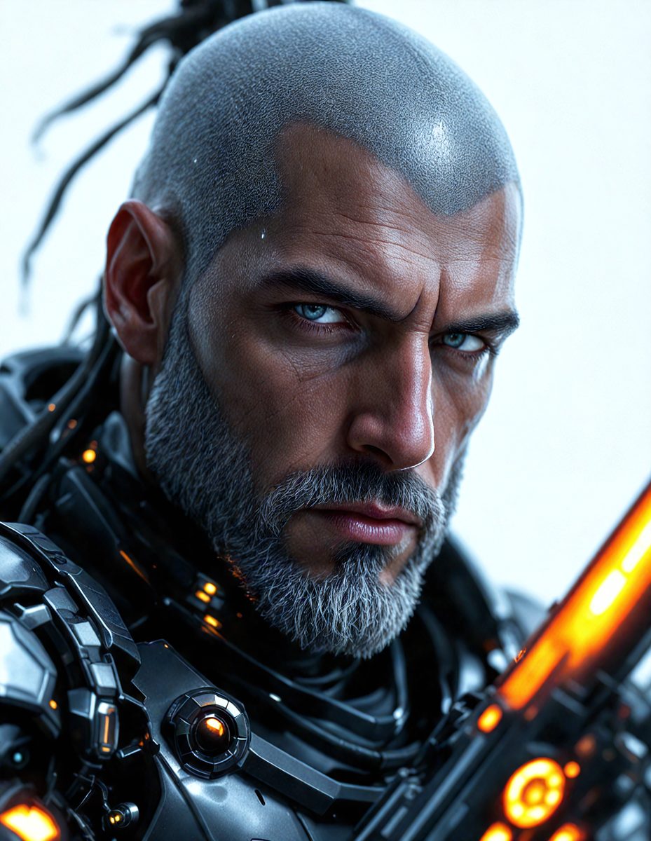 The primary subject of the image is a man with a shaved head, wearing a black and silver suit. He is holding a weapon, possibly a sword, and has a determined look on his face. The setting appears to be a futuristic environment, possibly a video game or a science fiction scene. The visual style is a combination of digital art and illustration, creating a detailed and realistic representation of the man and his surroundings. The colors and mood of the image are dark and intense, reflecting the seriousness of the man's expression and the overall atmosphere of the scene.