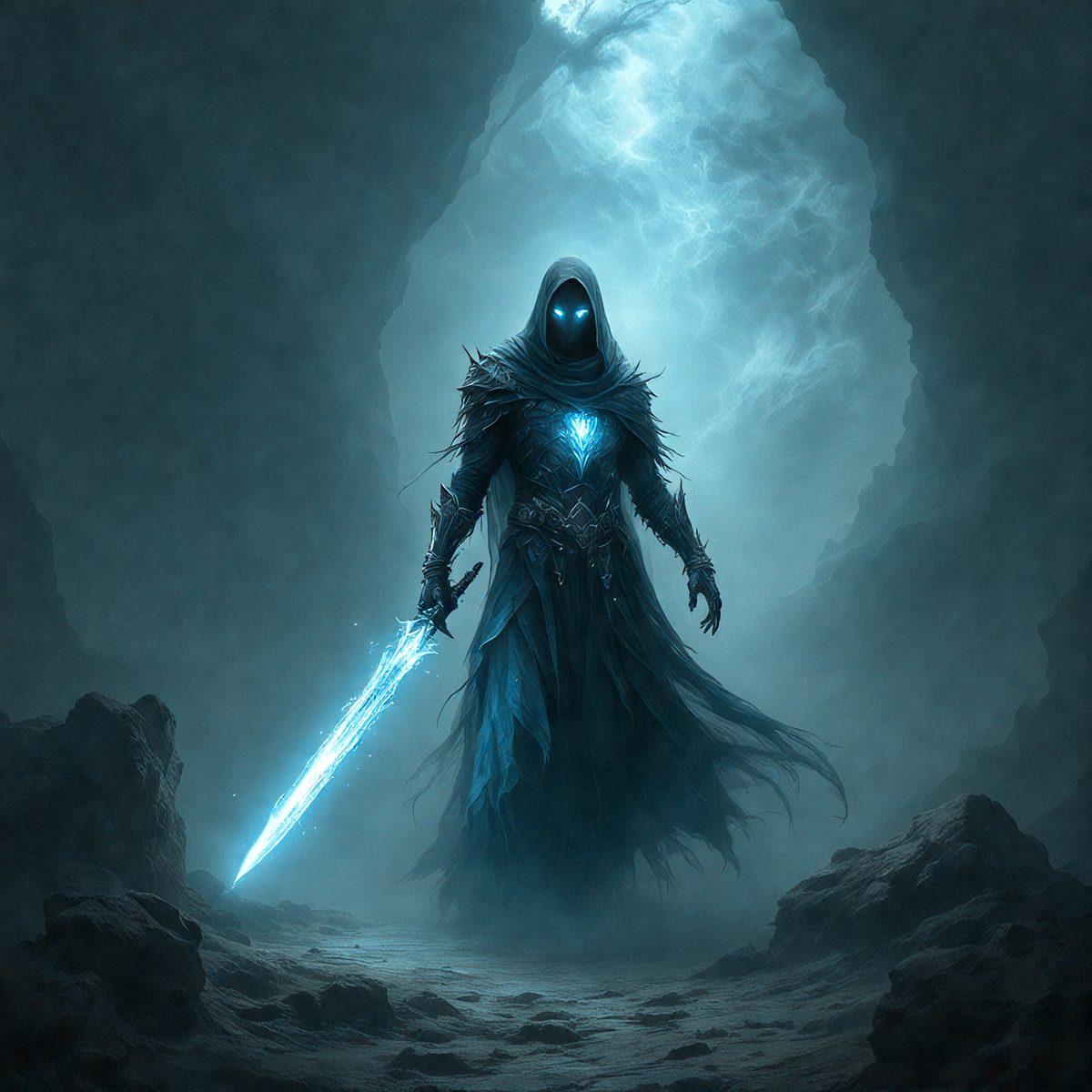 The primary subject of the image is a person dressed in a blue robe, holding a sword. The person appears to be a knight or a warrior, possibly a character from a fantasy or medieval setting. The setting is a dark, cave-like environment, with a rocky background and a blue glow illuminating the scene. The visual style of the image is a digital art or illustration, with a focus on the character and the sword. The colors and mood of the image are dark and dramatic, creating a sense of mystery and danger.