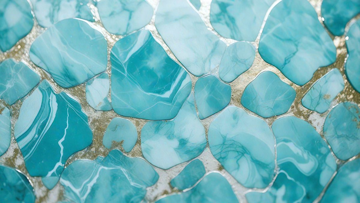 The primary subject of the image is a blue and white marble tile. The setting is a bathroom, with the marble tile covering the walls and floor. The visual style is a close-up of the marble tile, showcasing its intricate patterns and textures. The dominant colors are blue and white, creating a serene and calming atmosphere in the bathroom.