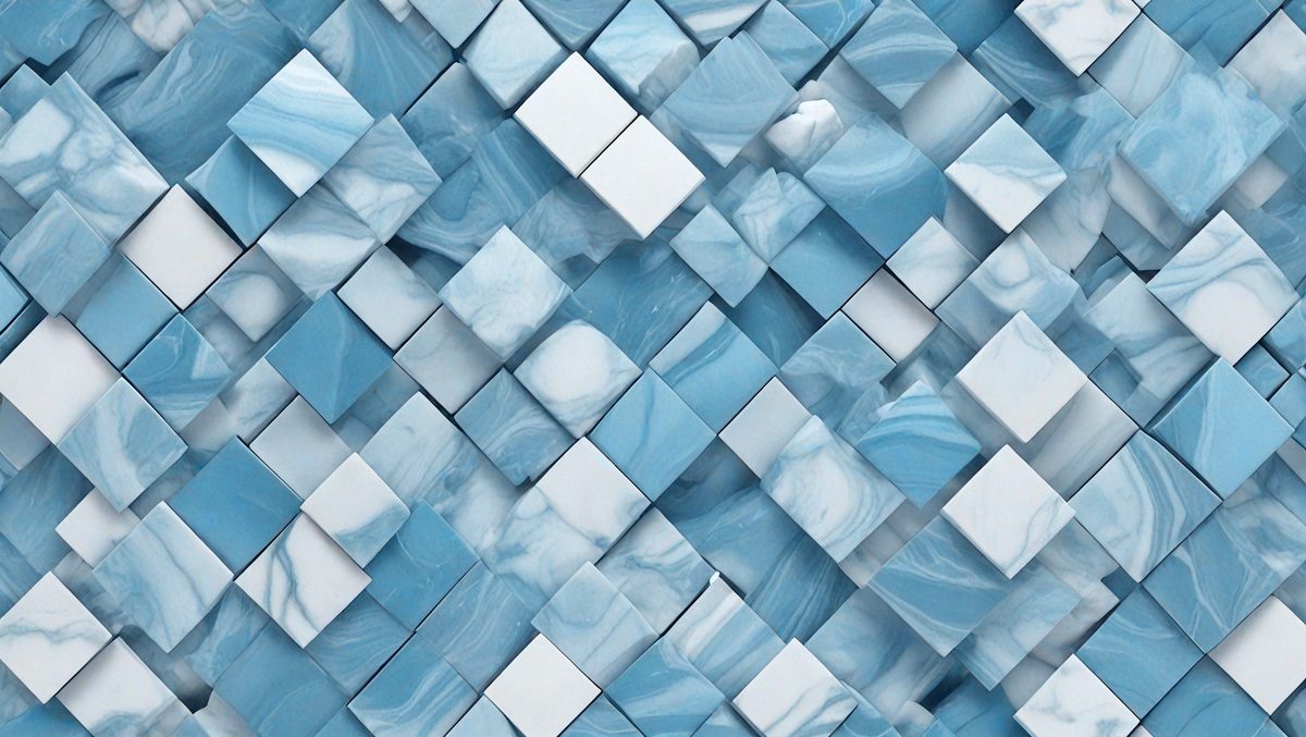 The primary subject of the image is a blue and white marble pattern. The setting is a blue background, and the visual style is a digital art or illustration. The dominant colors are blue and white, creating a calm and serene atmosphere.