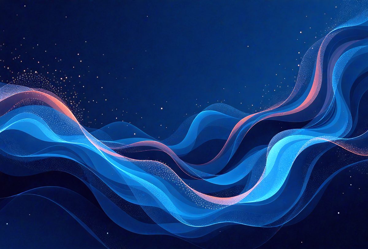 The primary subject of the image is a blue and orange wave, which is the main focus of the scene. The wave is depicted in a digital art style, giving it a modern and vibrant appearance. The setting is a dark blue background, which contrasts with the bright colors of the wave. The overall atmosphere of the image is dynamic and energetic, as the wave appears to be moving and flowing.