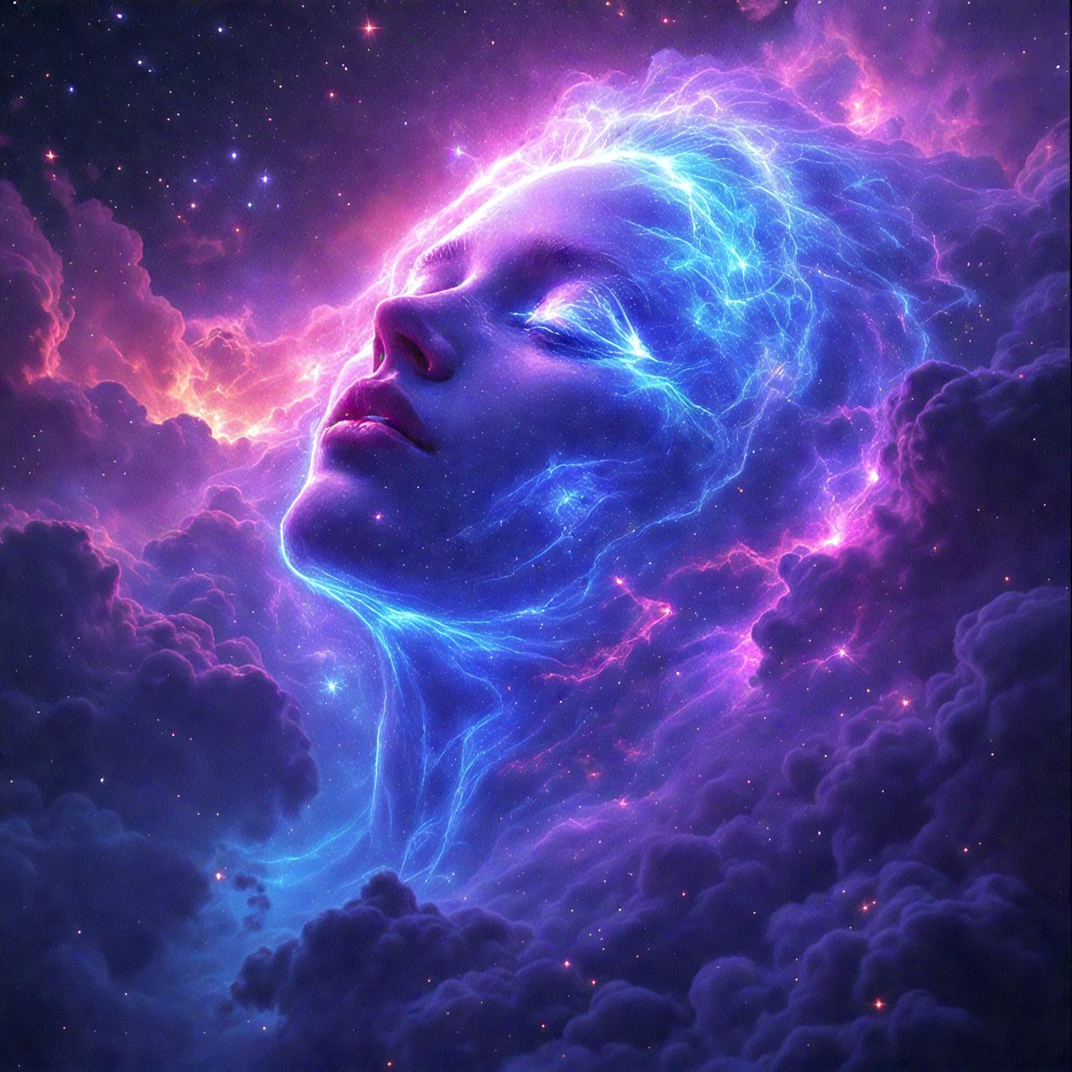 The primary subject of the image is a woman's face, which is the main focus of the image. The setting is a purple and blue space, with clouds and stars in the background. The visual style is digital art, as the woman's face is depicted in a surreal and artistic manner. The colors and mood of the image are vibrant and dreamy, with the purple and blue hues creating a sense of wonder and imagination.