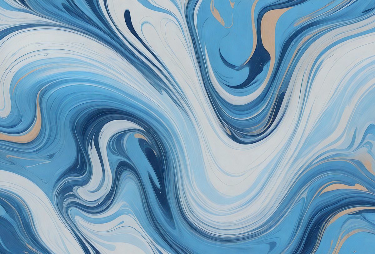 The primary subject of the image is a blue and white swirling pattern, which appears to be a painting or a digital artwork. The setting is a blue background, and the visual style is a combination of photo and digital art. The dominant colors are blue and white, creating a calming and soothing atmosphere.