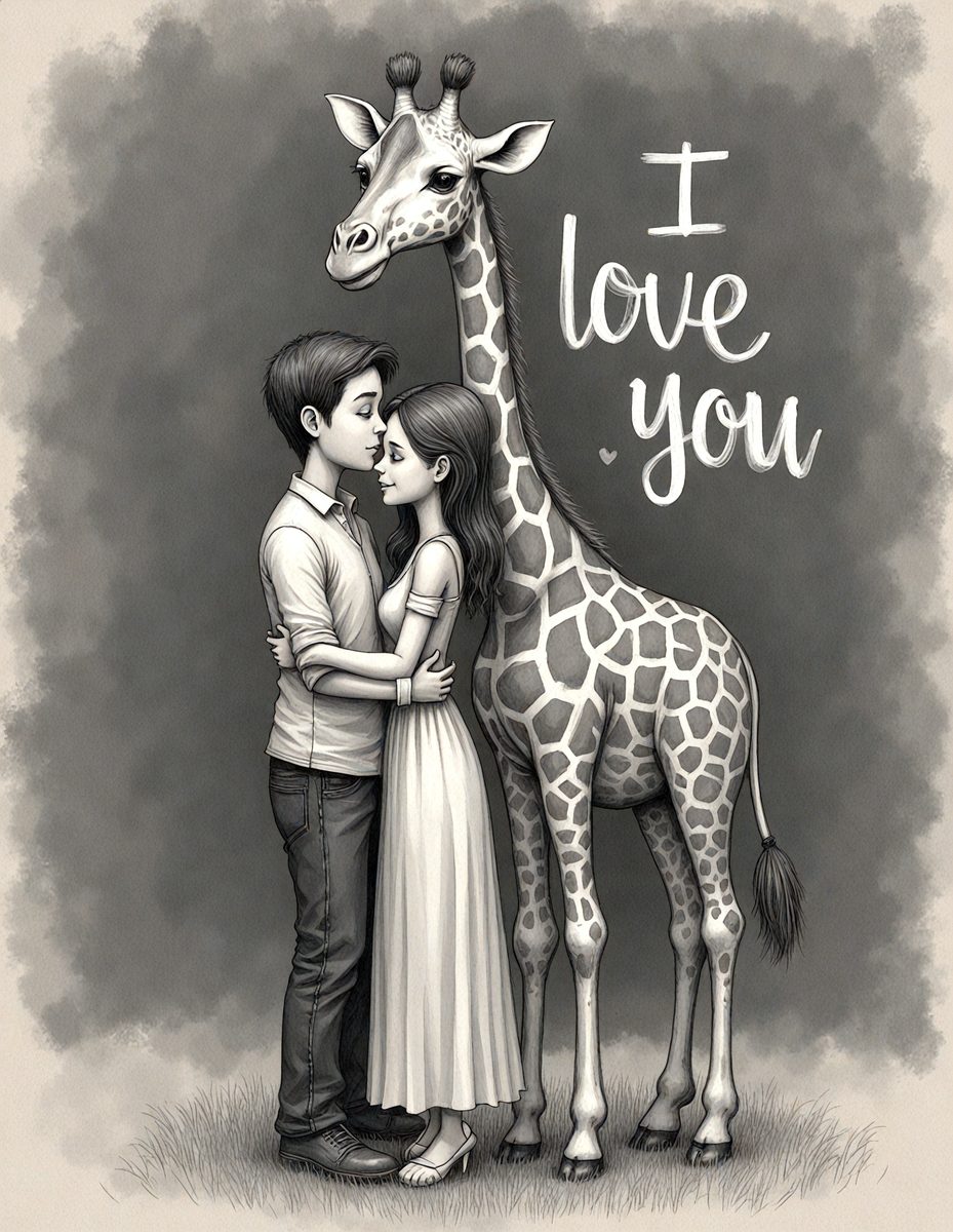 The primary subject of the image is a man and a woman standing close to each other, with the woman leaning on the man. They are both dressed in white, and the woman is wearing a dress. The setting is a dark background, which adds a dramatic and intimate atmosphere to the scene. The visual style is a combination of digital art and illustration, creating a unique and artistic representation of the couple. The colors are predominantly dark, with the couple standing out against the black background, and the mood is one of love and affection.