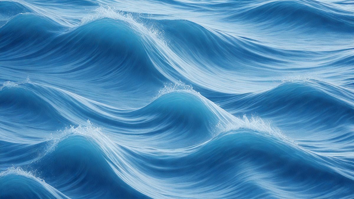 The primary subject of the image is a large body of blue water with waves. The setting is the ocean, and the visual style is a painting. The dominant colors are blue and white, creating a serene and calming atmosphere.