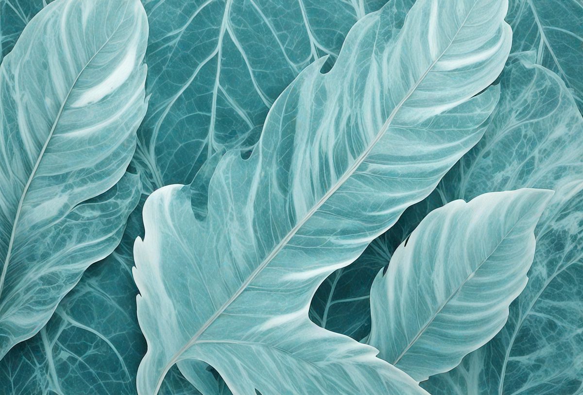 The image features a close-up of a large leaf with a blue background. The leaf is the primary subject, and it appears to be a realistic photograph of the plant. The setting is a simple background, and the visual style is a natural, realistic representation of the leaf. The colors in the image are predominantly blue, creating a calm and serene atmosphere.