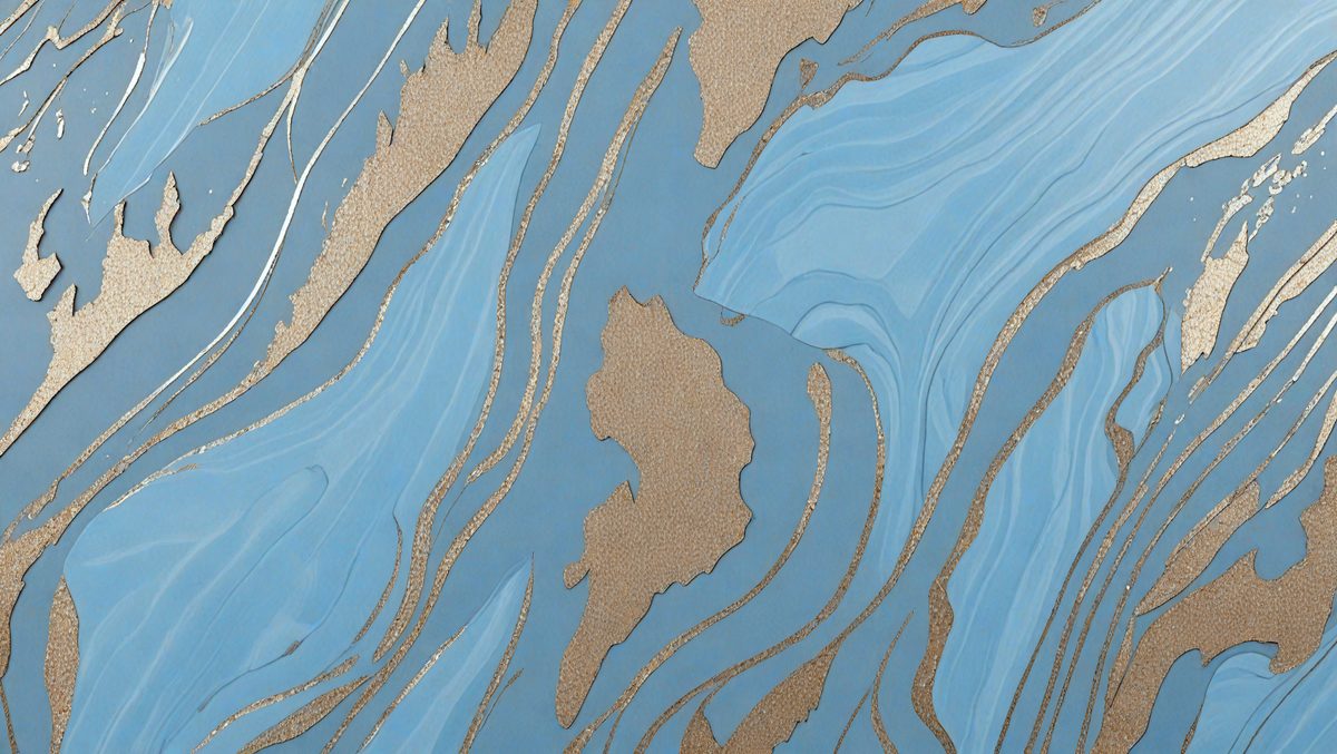 The primary subject of the image is a blue and gold patterned wallpaper. The setting is a room with a blue and gold wallpapered wall. The visual style is a patterned wallpaper, which gives the room a unique and elegant appearance. The dominant colors are blue and gold, creating a warm and inviting atmosphere.