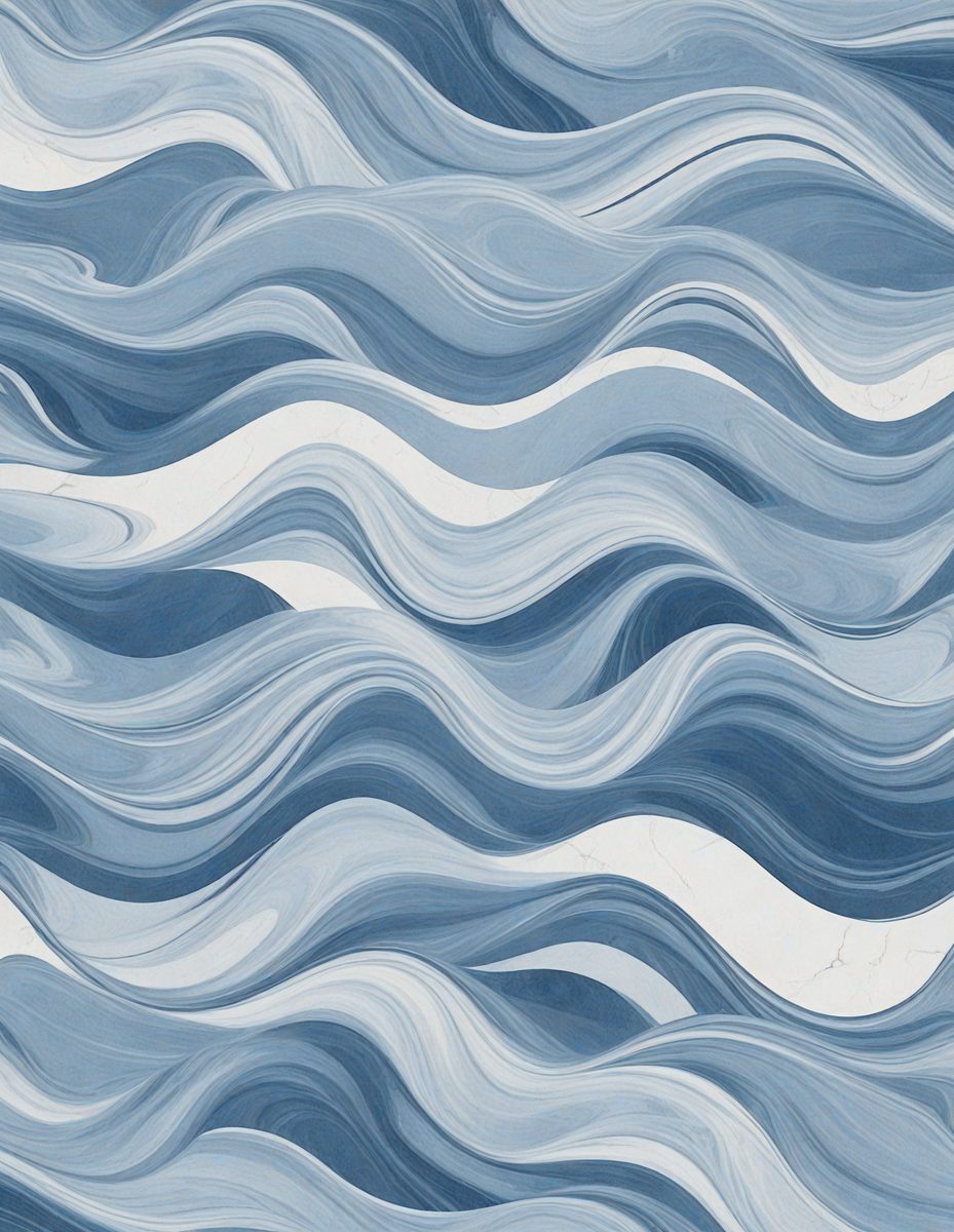 The primary subject of the image is a blue and white ocean wave pattern. The setting is a blue and white ocean, and the visual style is a digital art or illustration. The dominant colors are blue and white, creating a calm and serene atmosphere.
