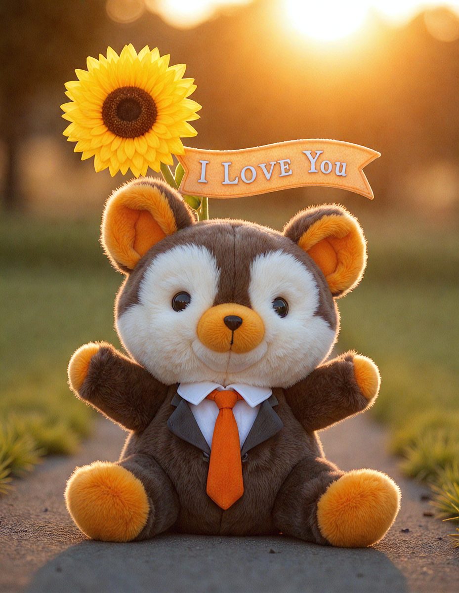 The primary subject of the image is a brown teddy bear wearing a suit and tie. The bear is holding a sunflower in its paws. The setting is an outdoor environment, with a path visible in the background. The visual style is a photo, capturing the teddy bear in a real-life setting. The colors and mood of the image are warm and inviting, with the brown teddy bear and sunflower creating a sense of comfort and happiness.