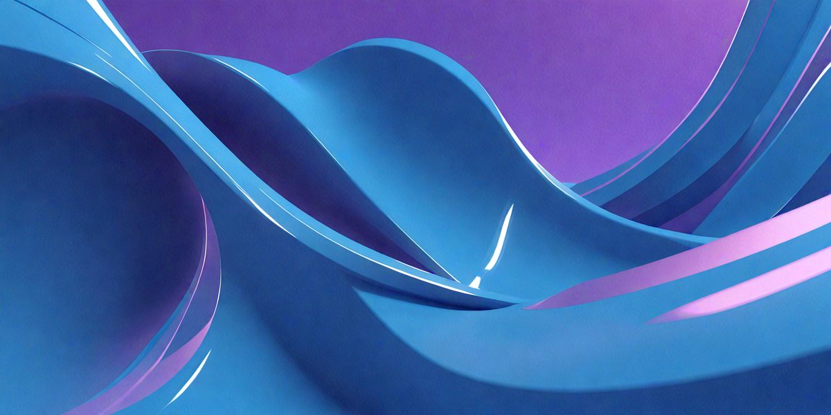 The primary subject of the image is a blue sculpture or art piece, which appears to be a large, curved, and wavy structure. The setting is a purple background, which contrasts with the blue sculpture, creating a visually striking scene. The visual style of the image is a combination of digital art and illustration, as it showcases the intricate details of the sculpture. The colors and mood of the image are predominantly blue and purple, giving it a serene and calming atmosphere.