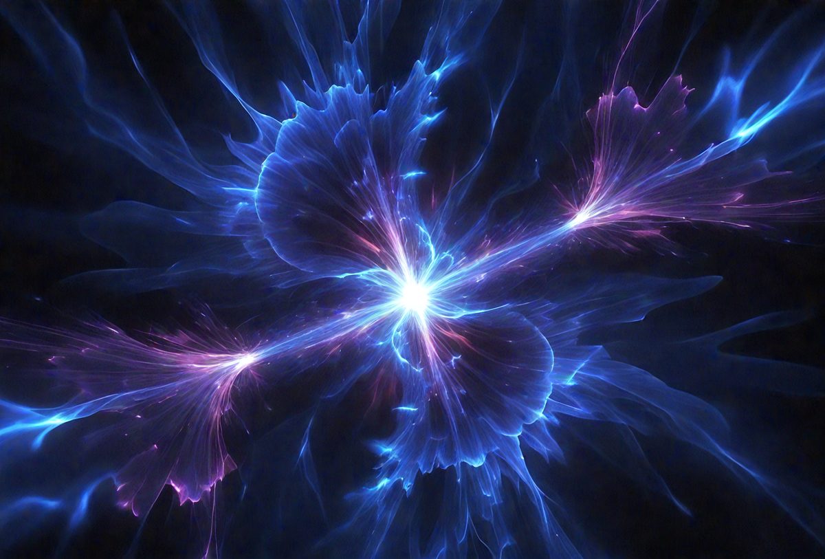 The primary subject of the image is a vibrant, colorful, and abstract artwork featuring a blue and purple background. The artwork appears to be a digital illustration or a digital art piece, showcasing a unique visual style. The colors and mood of the image are predominantly blue and purple, creating a sense of depth and intrigue.