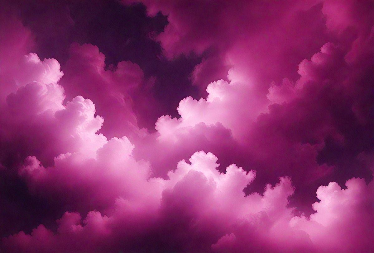 The primary subject of the image is a cloudy purple sky. The setting is a cloudy sky with a pink hue, creating a visually striking and unique atmosphere. The visual style of the image is a combination of a photo and digital art, as it captures the beauty of the cloudy sky while also showcasing the artist's creativity. The colors and mood of the image are predominantly purple and pink, evoking a sense of calmness and serenity.