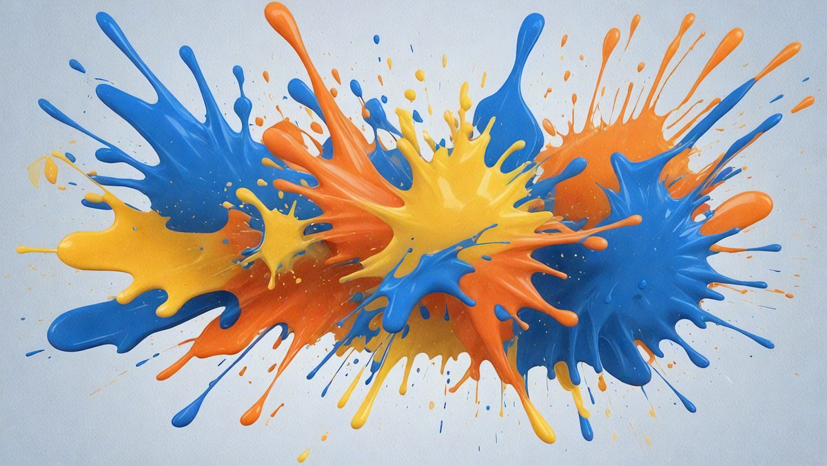 The primary subject of the image is a painting of a colorful, abstract design. The painting is displayed on a blue wall, which serves as the setting and background. The visual style of the painting is a mix of digital art and illustration, creating a vibrant and dynamic atmosphere. The dominant colors in the painting are orange, blue, and yellow, which contribute to the overall mood of the artwork.